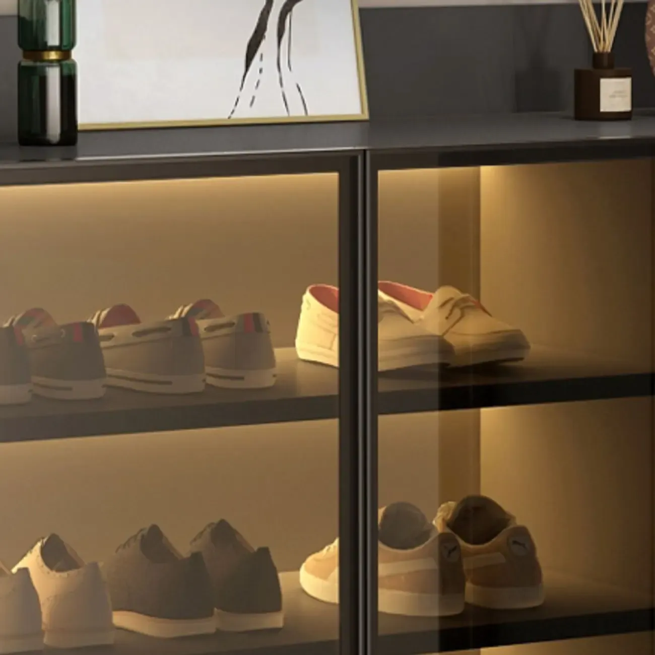 Grey LED Lighted Shoe Storage Cabinet with Glass Display Image - 5