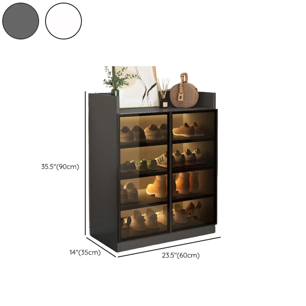 Grey LED Lighted Shoe Storage Cabinet with Glass Display #size