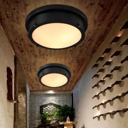 Industrial Black Round Warm LED Flush Mount Ceiling Light