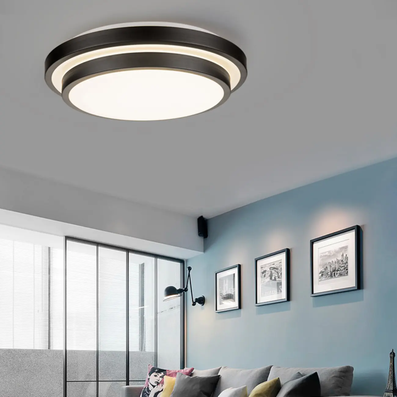 Industrial Black Round Warm LED Flush Mount Ceiling Light | homeyfad
