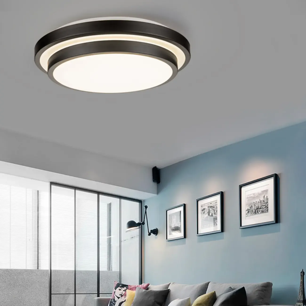 Industrial Black Round Warm LED Flush Mount Ceiling Light - HomeyFad