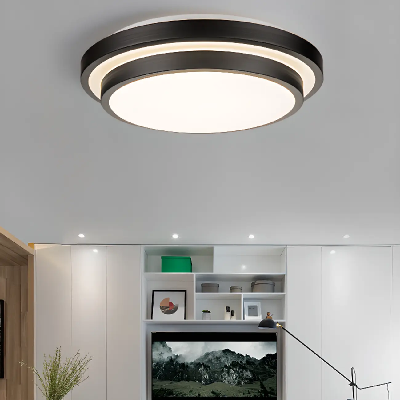 Industrial Black Round Warm LED Flush Mount Ceiling Light | homeyfad