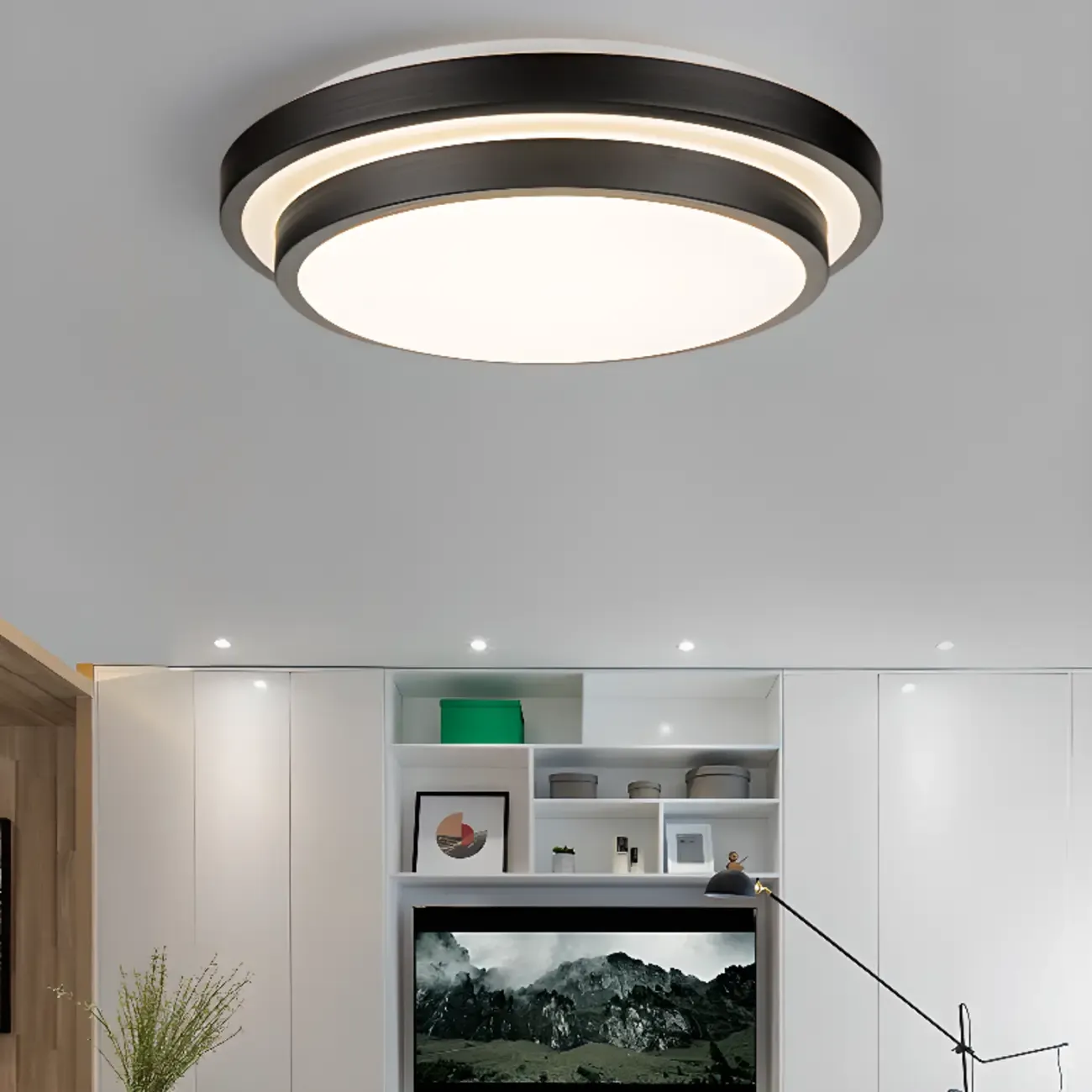 Industrial Black Round Warm LED Flush Mount Ceiling Light