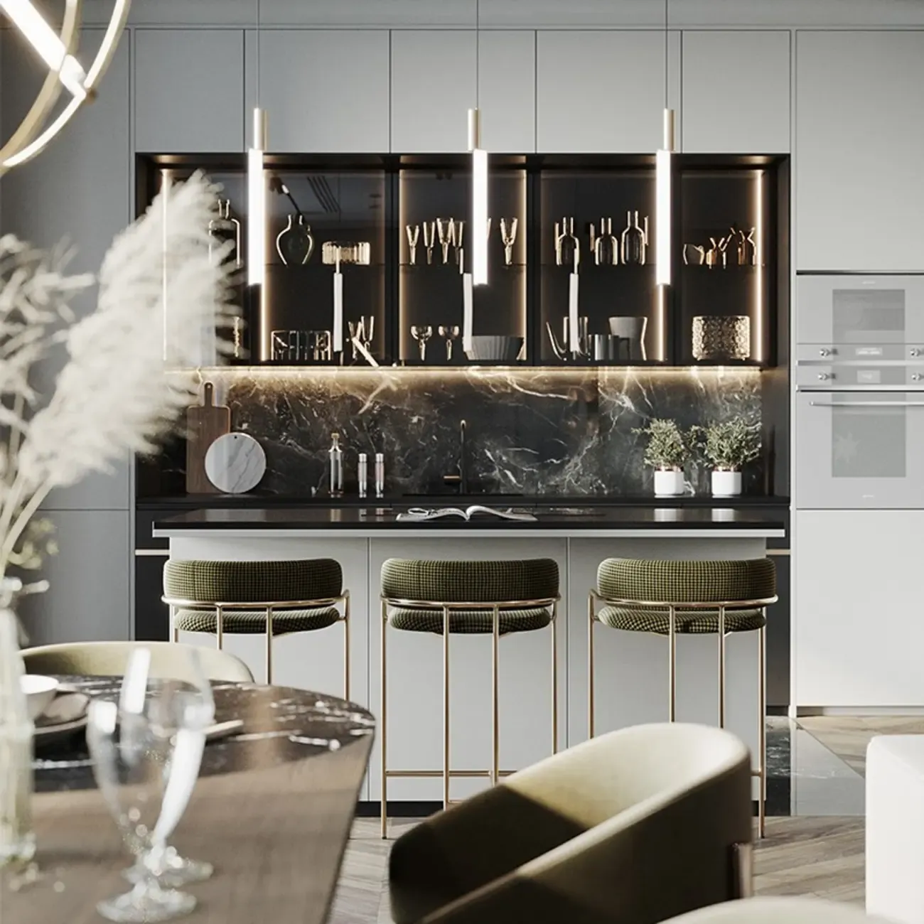 Art Deco Gold Green Cotton Upholstered Bar Stool | HomeyFad