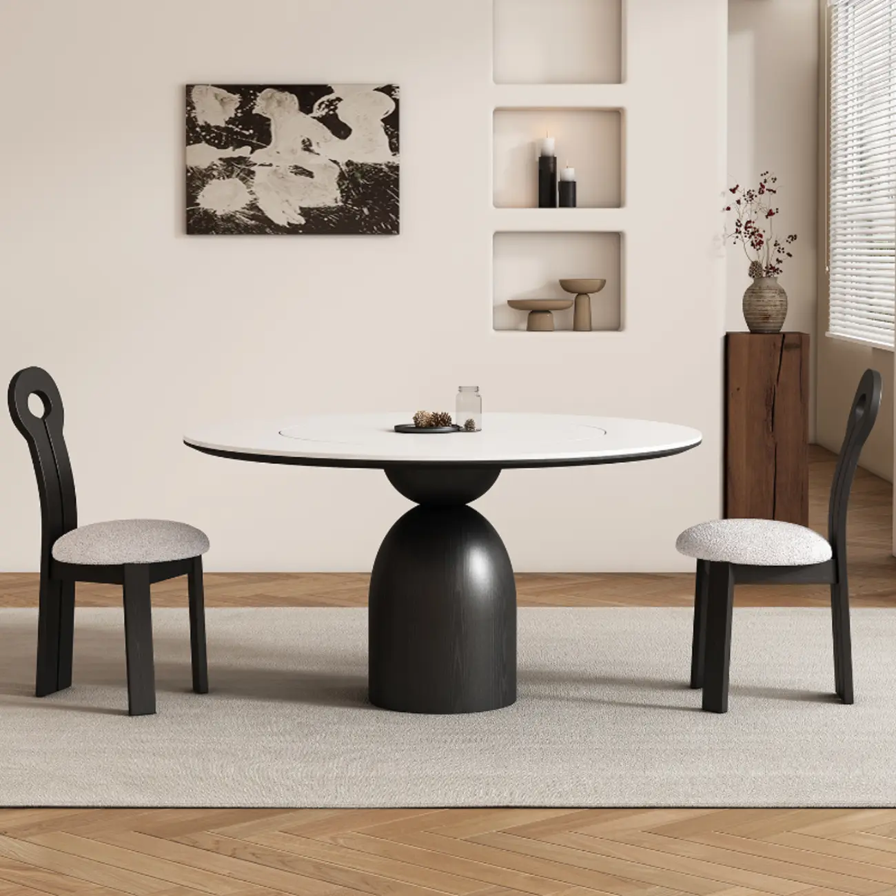Simple Black Wood Round Stone Dining Table Image - 1 | homeyfad