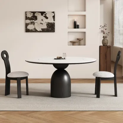 Simple Black Wood Round Stone Dining Table Image - 1