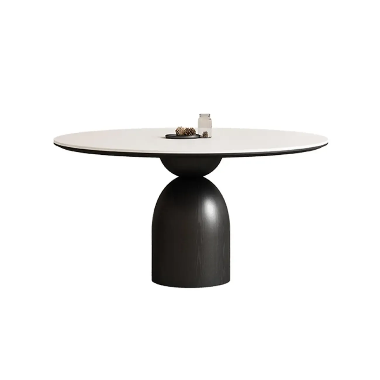 Simple Black Wood Round Stone Dining Table Image - 2