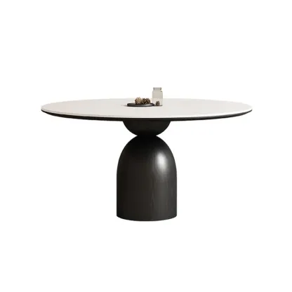Simple Black Wood Round Stone Dining Table Image - 2