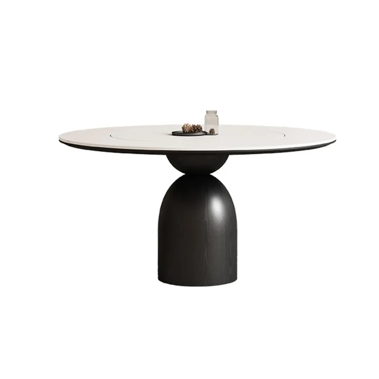 Simple Black Wood Round Stone Dining Table Image - 3