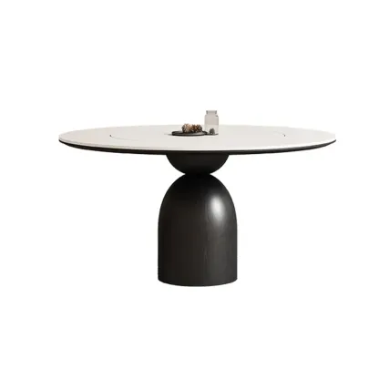 Simple Black Wood Round Stone Dining Table Image - 3