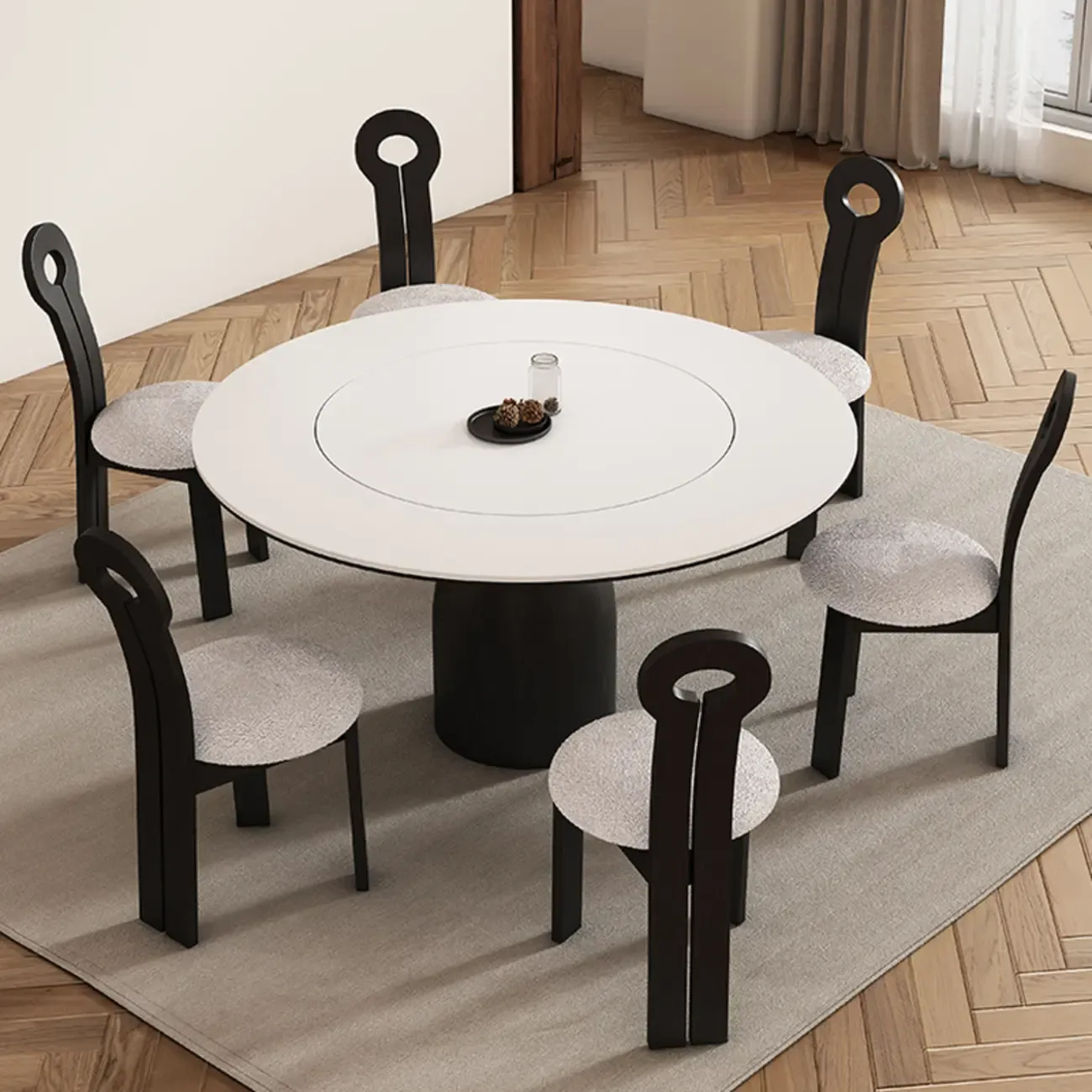 Simple Black Wood Round Stone Dining Table Image - 4