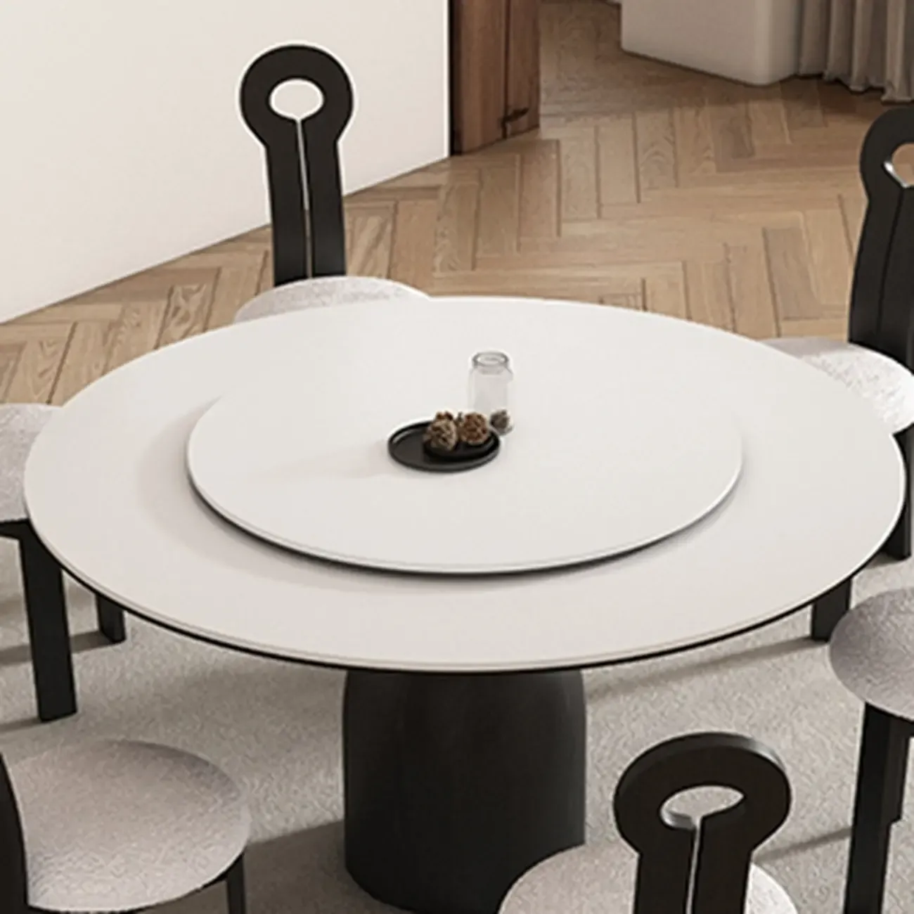 Simple Black Wood Round Stone Dining Table Image - 5