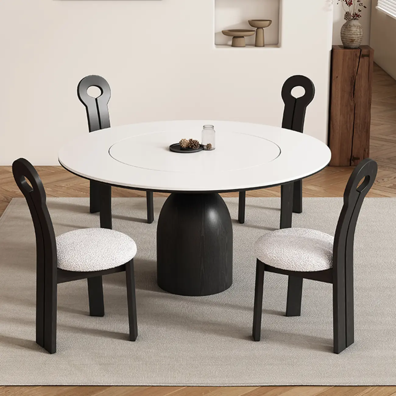 Simple Black Wood Round Stone Dining Table Image - 6 | homeyfad