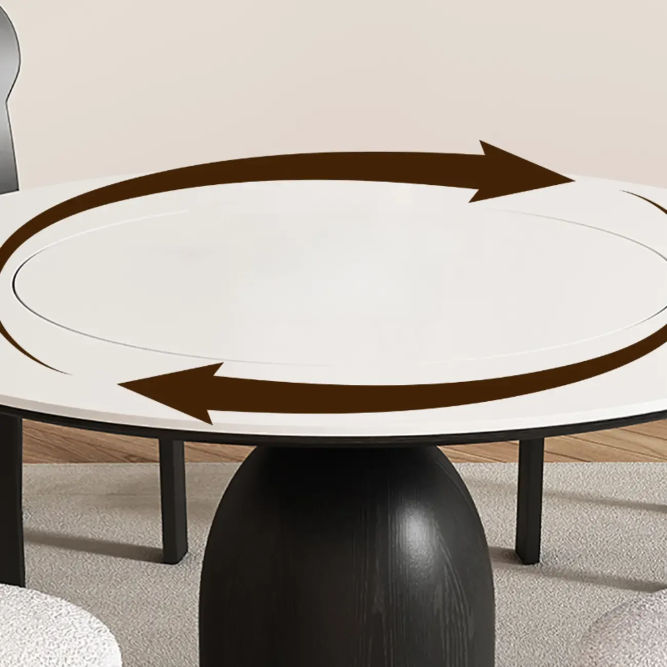 Simple Black Wood Round Stone Dining Table Image - 8