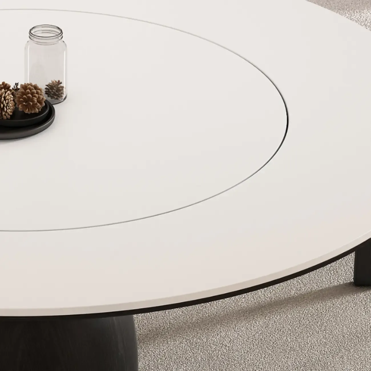 Simple Black Wood Round Stone Dining Table Image - 9