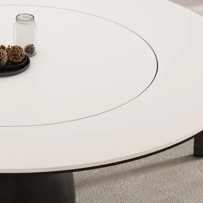 Simple Black Wood Round Stone Dining Table Image - 9