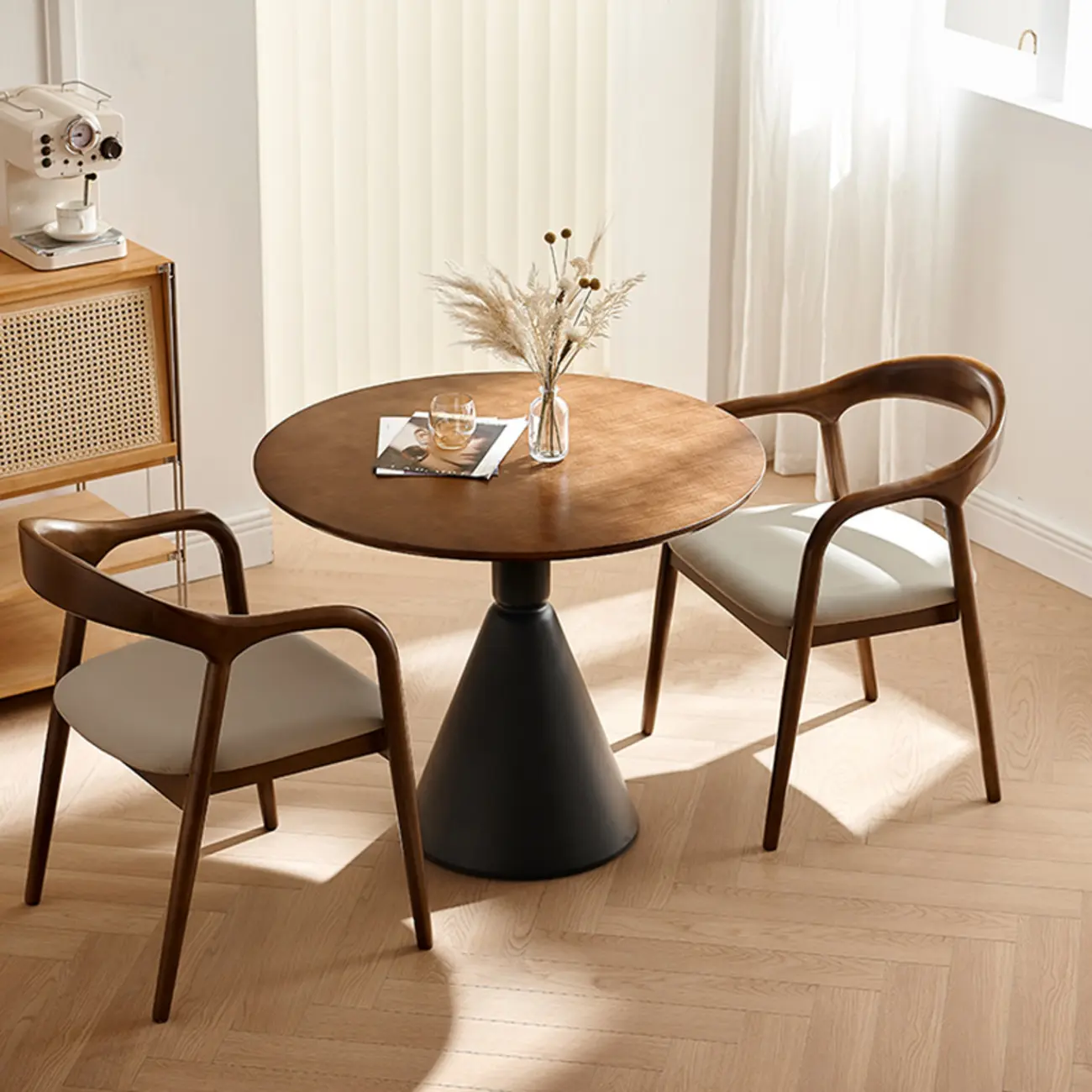 Simple Brown Wood Round Dining Table for Small Space Image - 1 | homeyfad