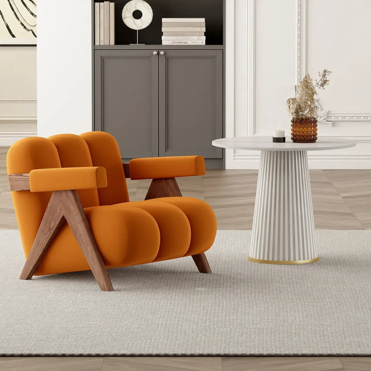 Vintage Fabric Accent Chair with Wooden Base for Living Room Image - 1