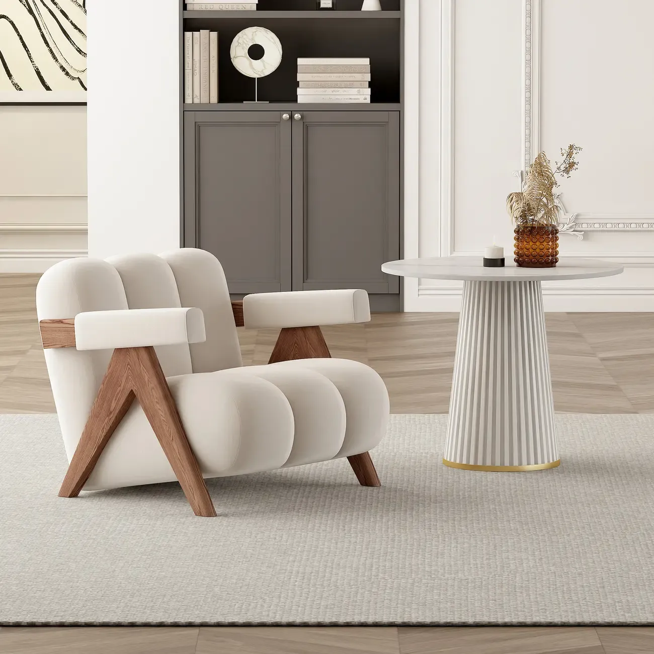 Vintage Fabric Accent Chair with Wooden Base for Living Room Image - 3