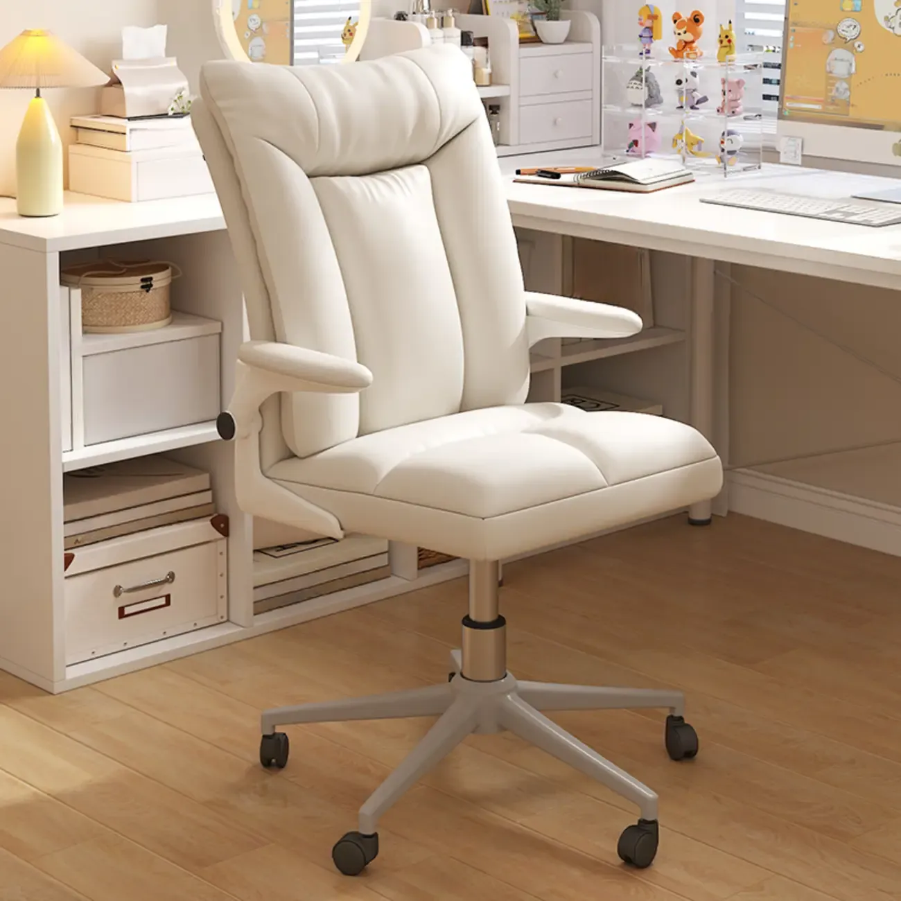 Modern White Fabric Upholstered Adjustable Swivel Office Chair | HomeyFad