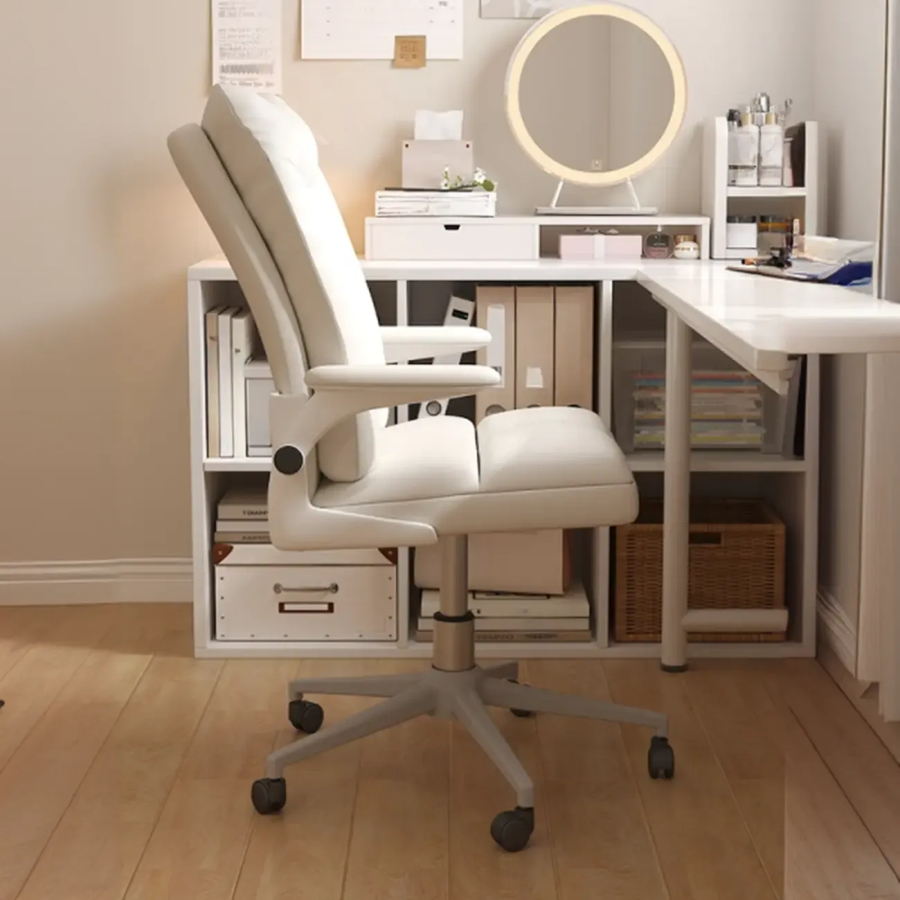 Modern White Fabric Upholstered Adjustable Swivel Office Chair Image - 2