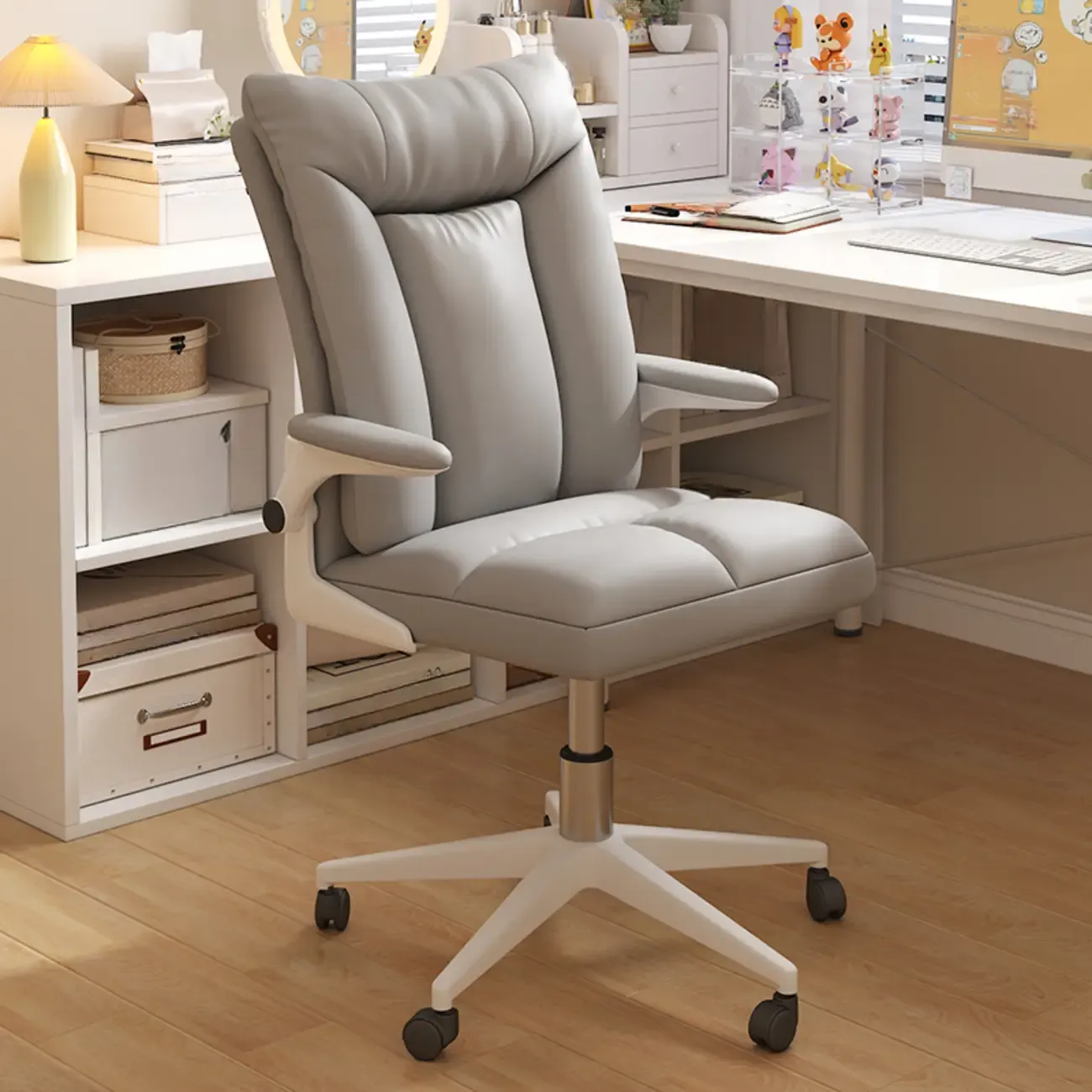Modern White Fabric Upholstered Adjustable Swivel Office Chair Image - 3