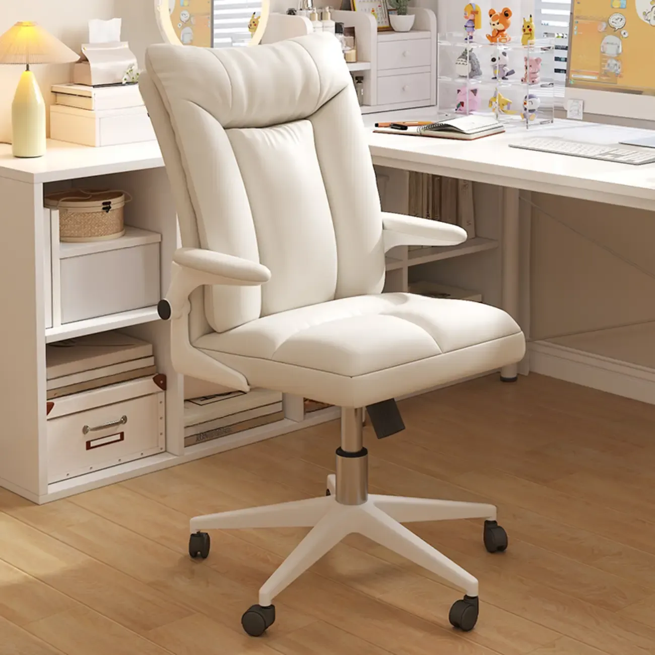 Modern White Fabric Upholstered Adjustable Swivel Office Chair Image - 4