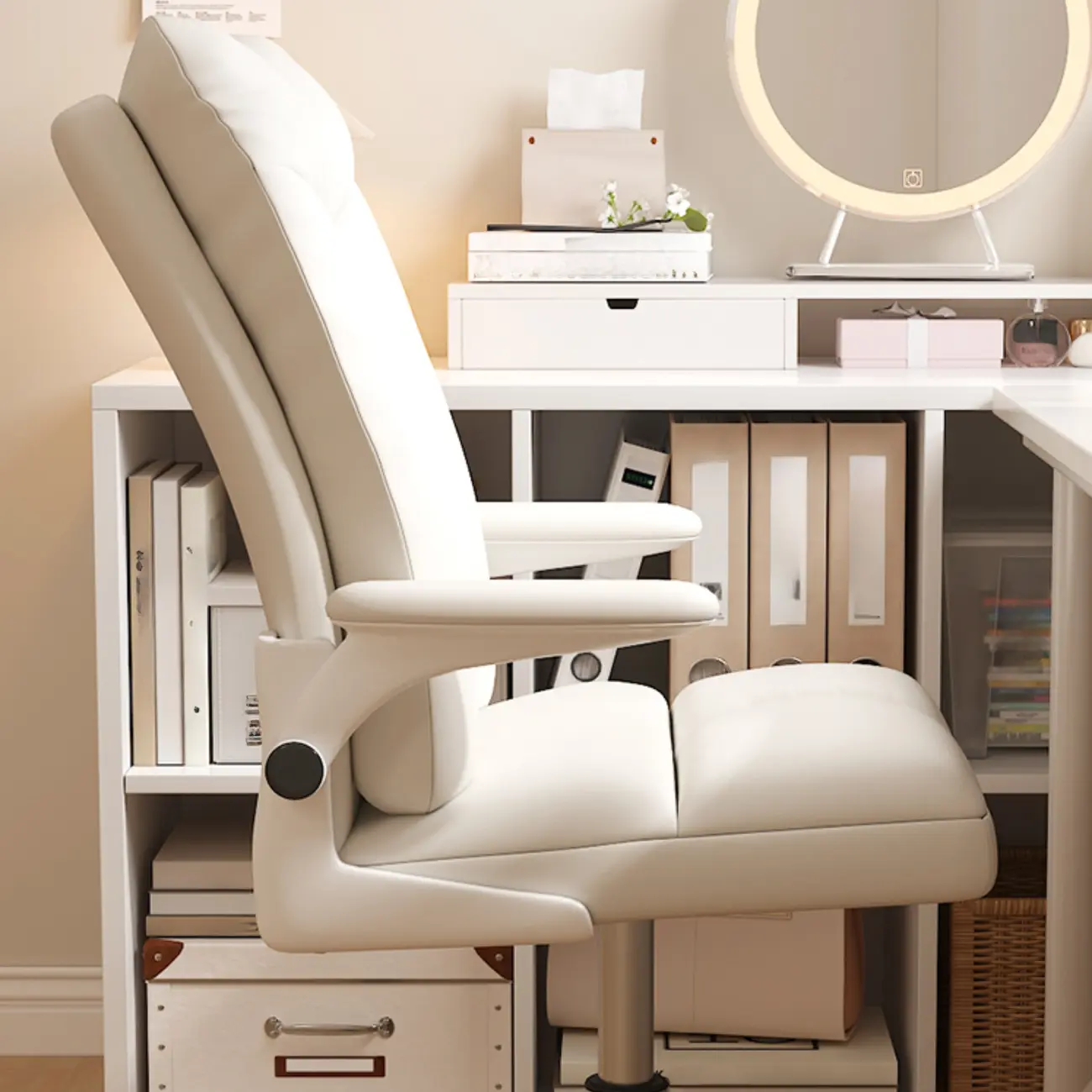 Modern White Fabric Upholstered Adjustable Swivel Office Chair Image - 7 | homeyfad