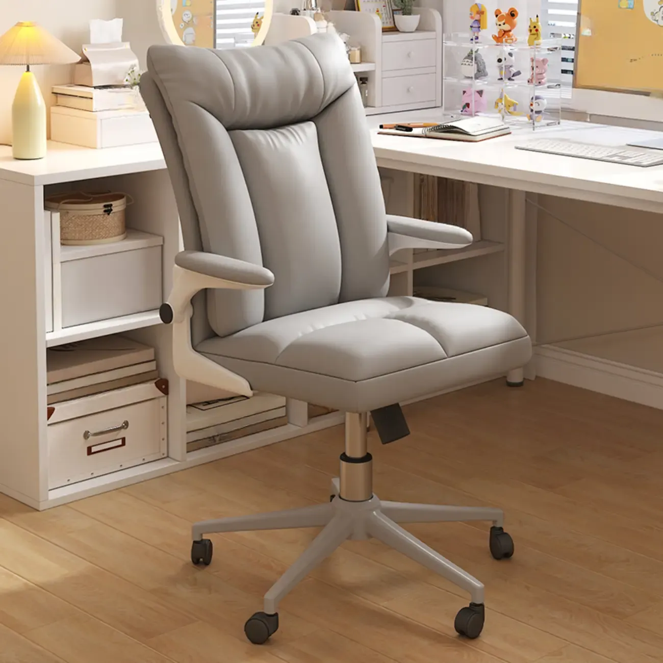 Modern White Fabric Upholstered Adjustable Swivel Office Chair Image - 10