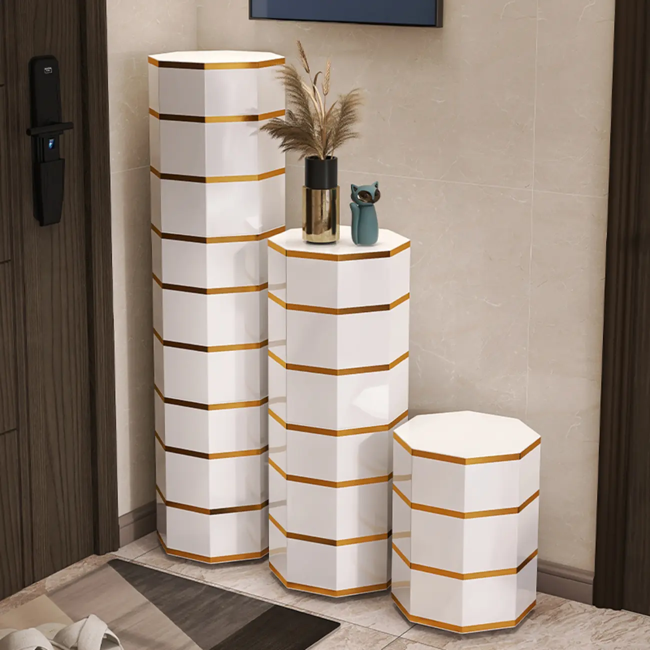 Rotating Glam White Metal Hexagon Entryway Shoe Cabinet Image - 1 | homeyfad