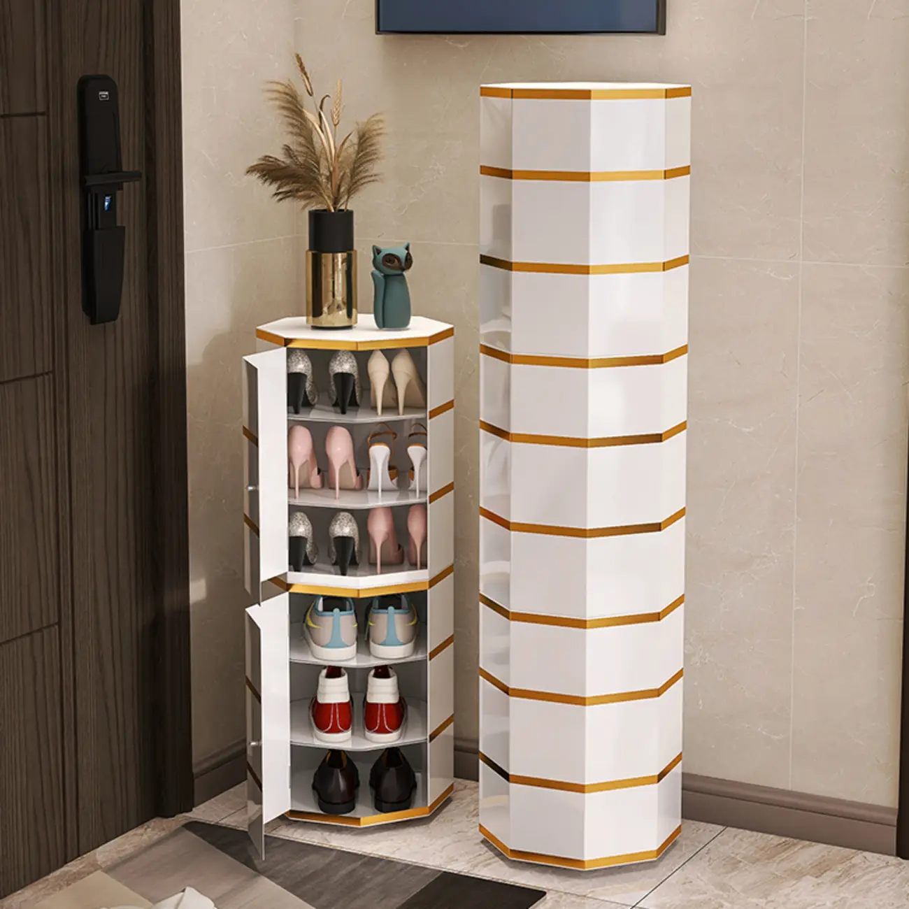 Rotating Glam White Metal Hexagon Entryway Shoe Cabinet Image - 2 | homeyfad