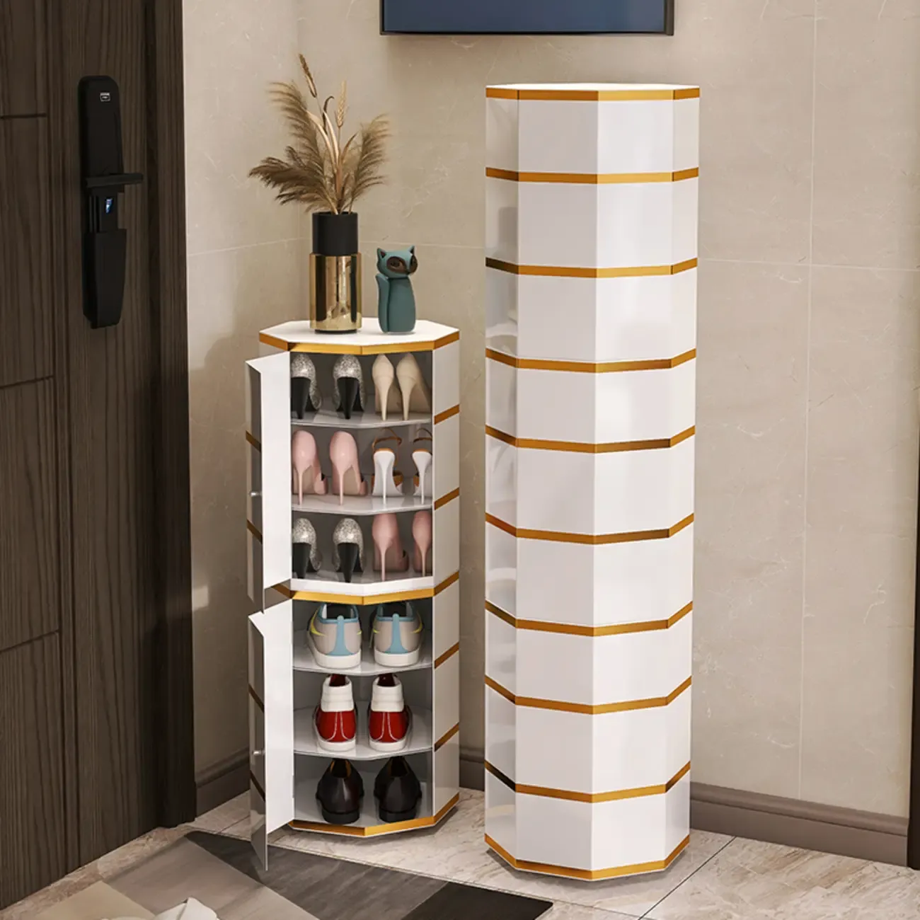 Rotating Glam White Metal Hexagon Entryway Shoe Cabinet Image - 2