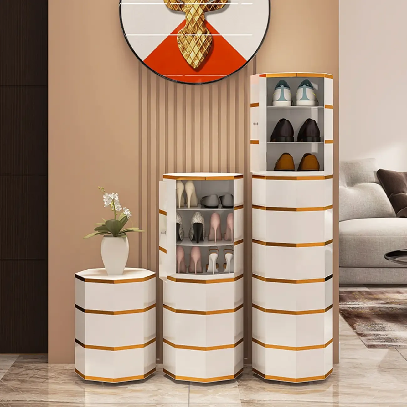 Rotating Glam White Metal Hexagon Entryway Shoe Cabinet Image - 3