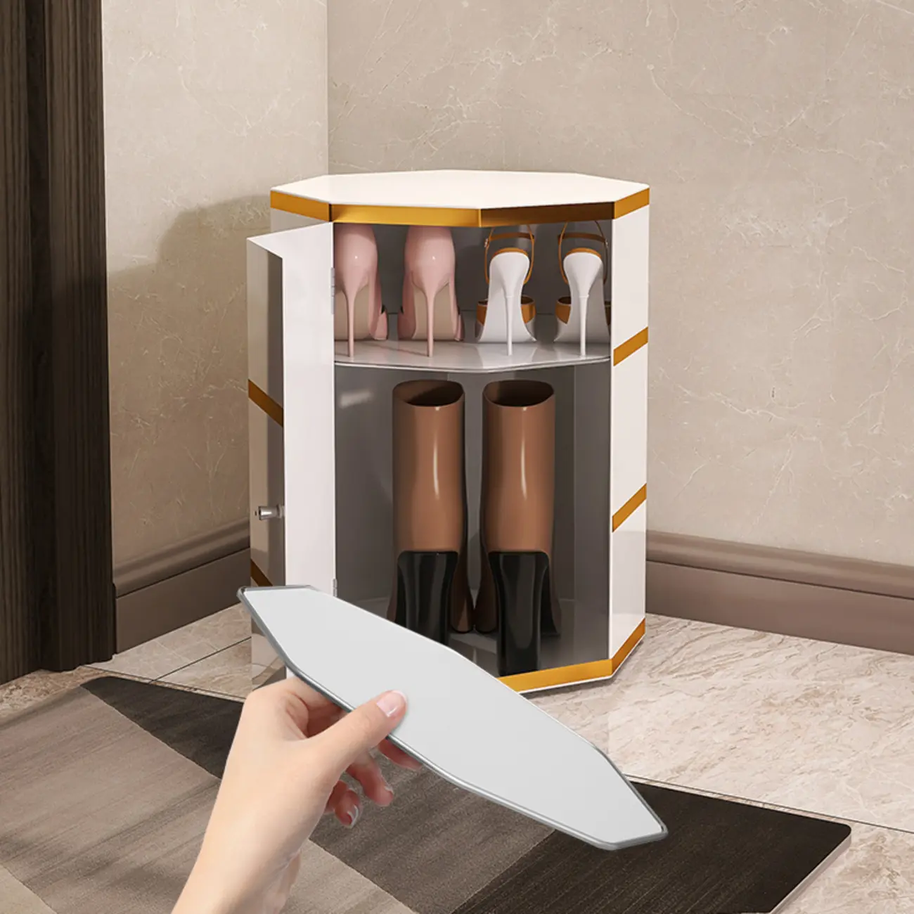 Rotating Glam White Metal Hexagon Entryway Shoe Cabinet Image - 8 | homeyfad