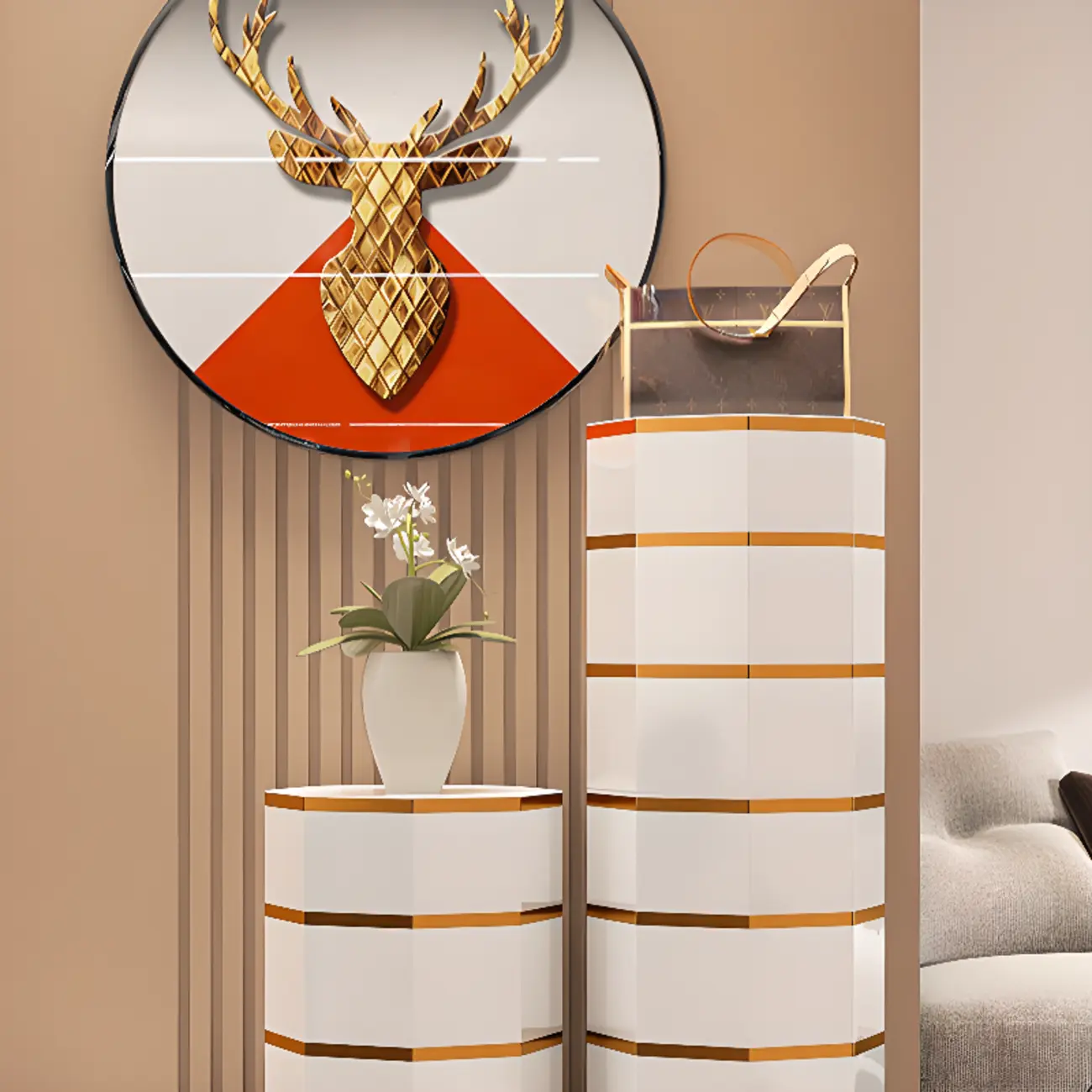 Rotating Glam White Metal Hexagon Entryway Shoe Cabinet Image - 12 | homeyfad