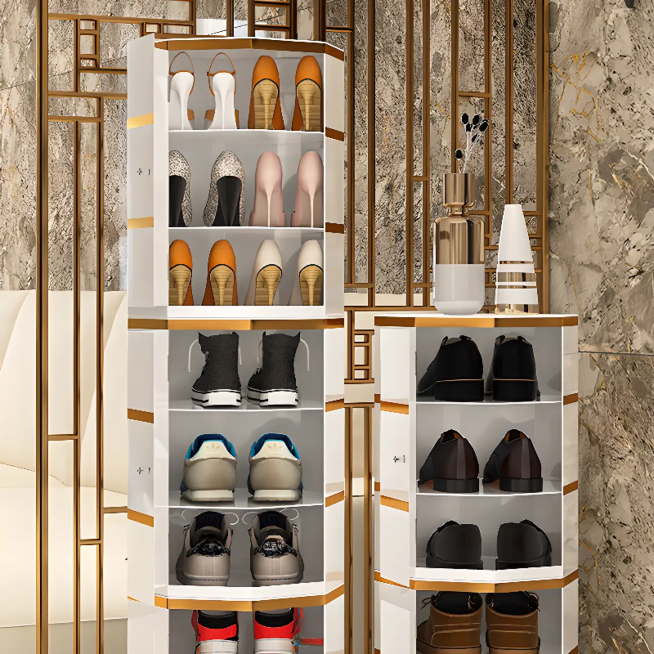 Rotating Glam White Metal Hexagon Entryway Shoe Cabinet Image - 13 | homeyfad