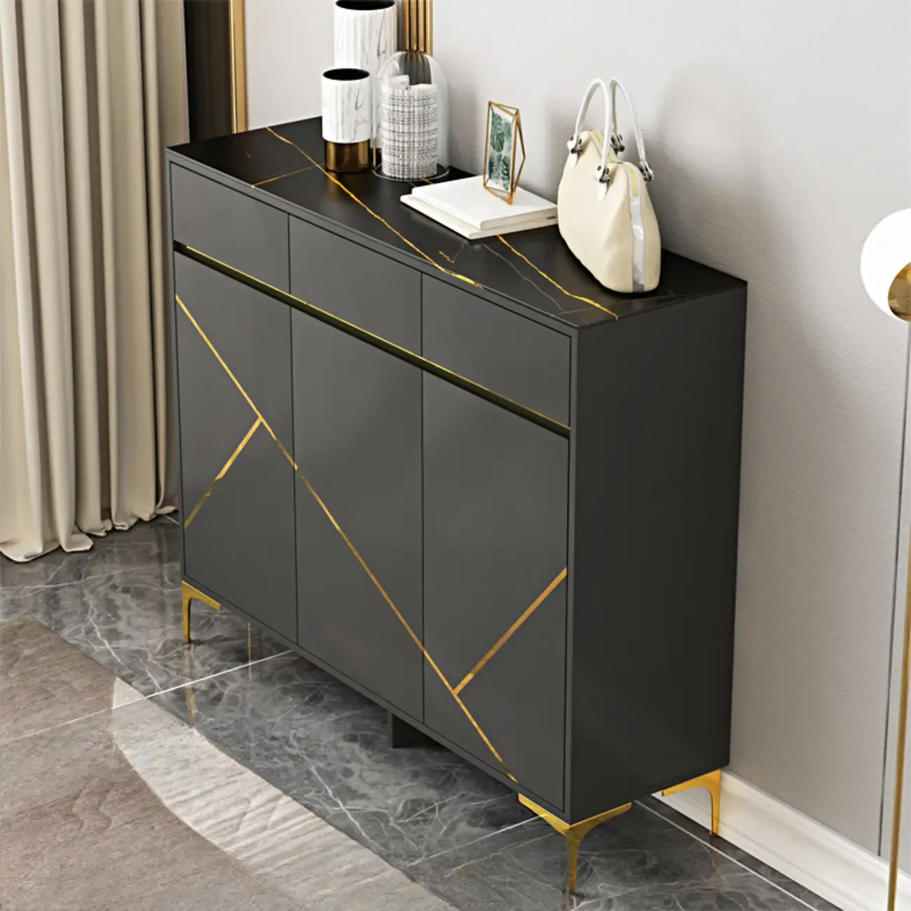 Trendy Gray Wood Shoe Cabinet with Drawers & Display Top Image - 1