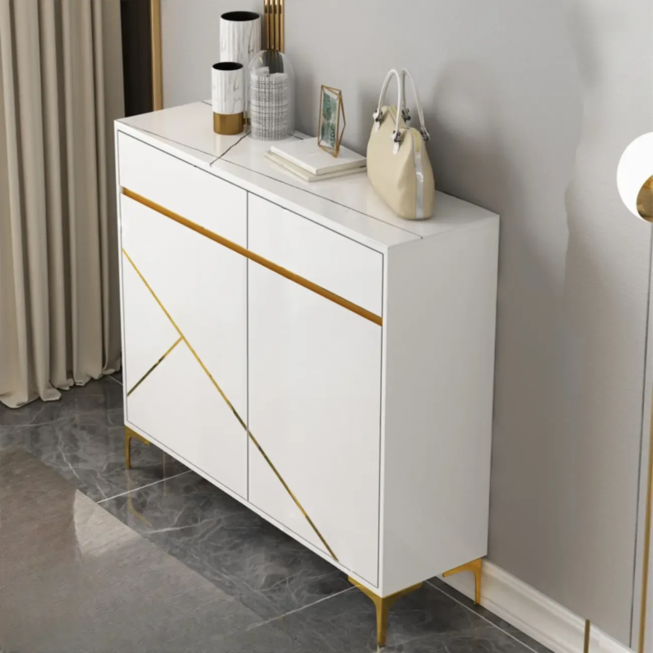 Trendy Gray Wood Shoe Cabinet with Drawers & Display Top Image - 4