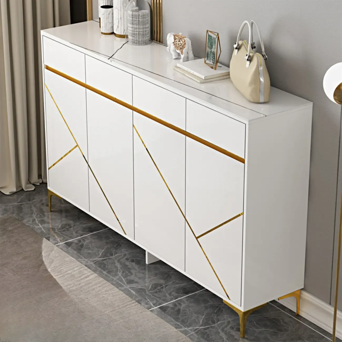 Trendy Gray Wood Shoe Cabinet with Drawers & Display Top Image - 10