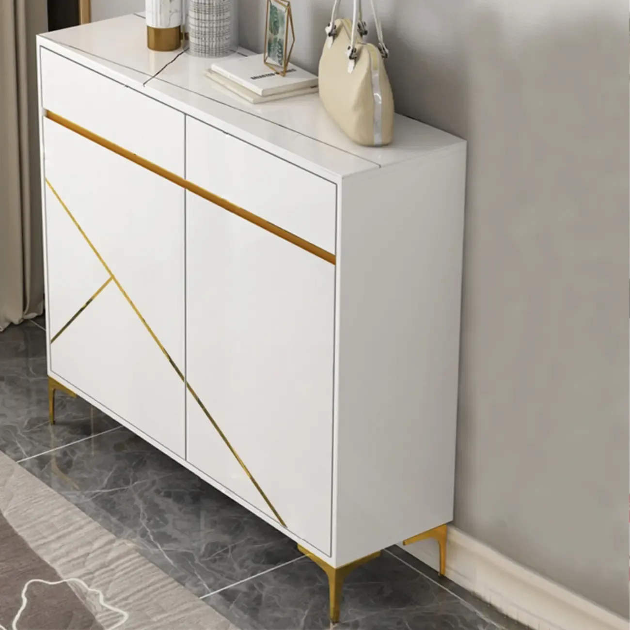 Trendy Gray Wood Shoe Cabinet with Drawers & Display Top Image - 11