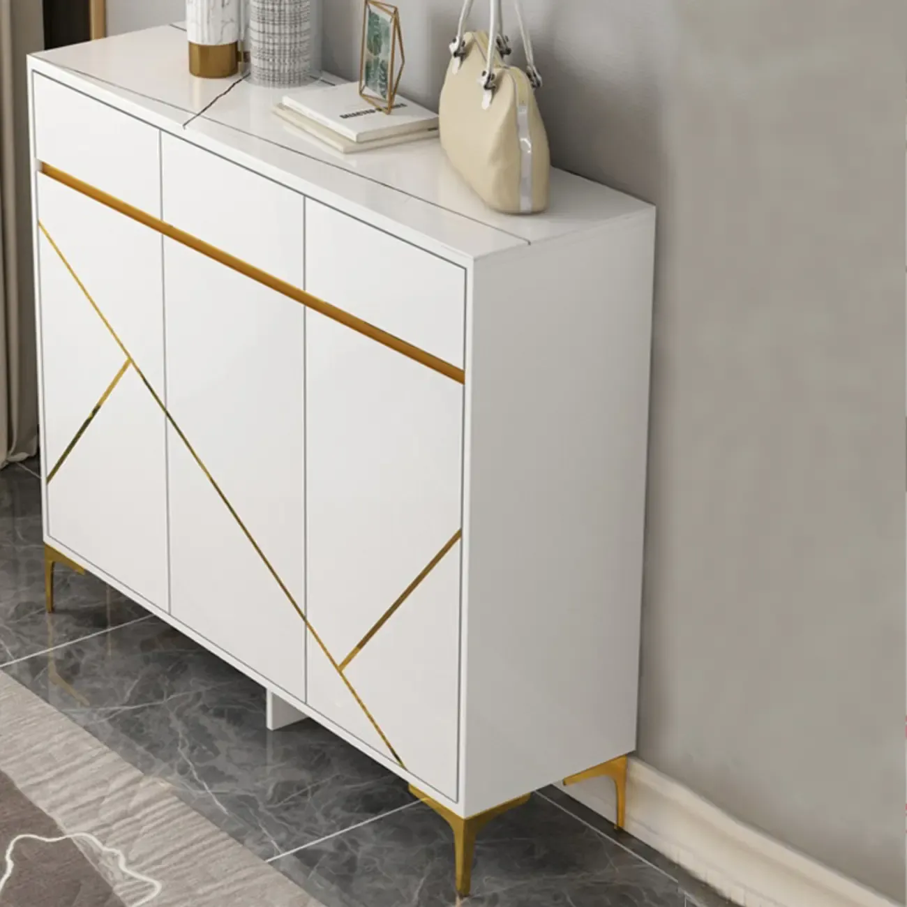 Trendy Gray Wood Shoe Cabinet with Drawers & Display Top Image - 12