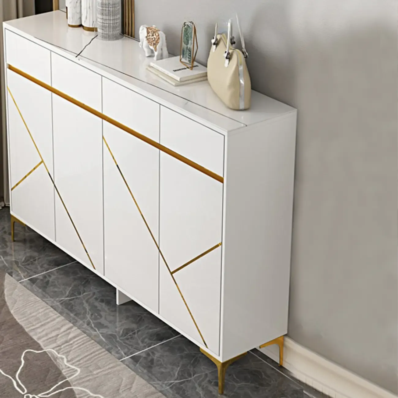 Trendy Gray Wood Shoe Cabinet with Drawers & Display Top Image - 13