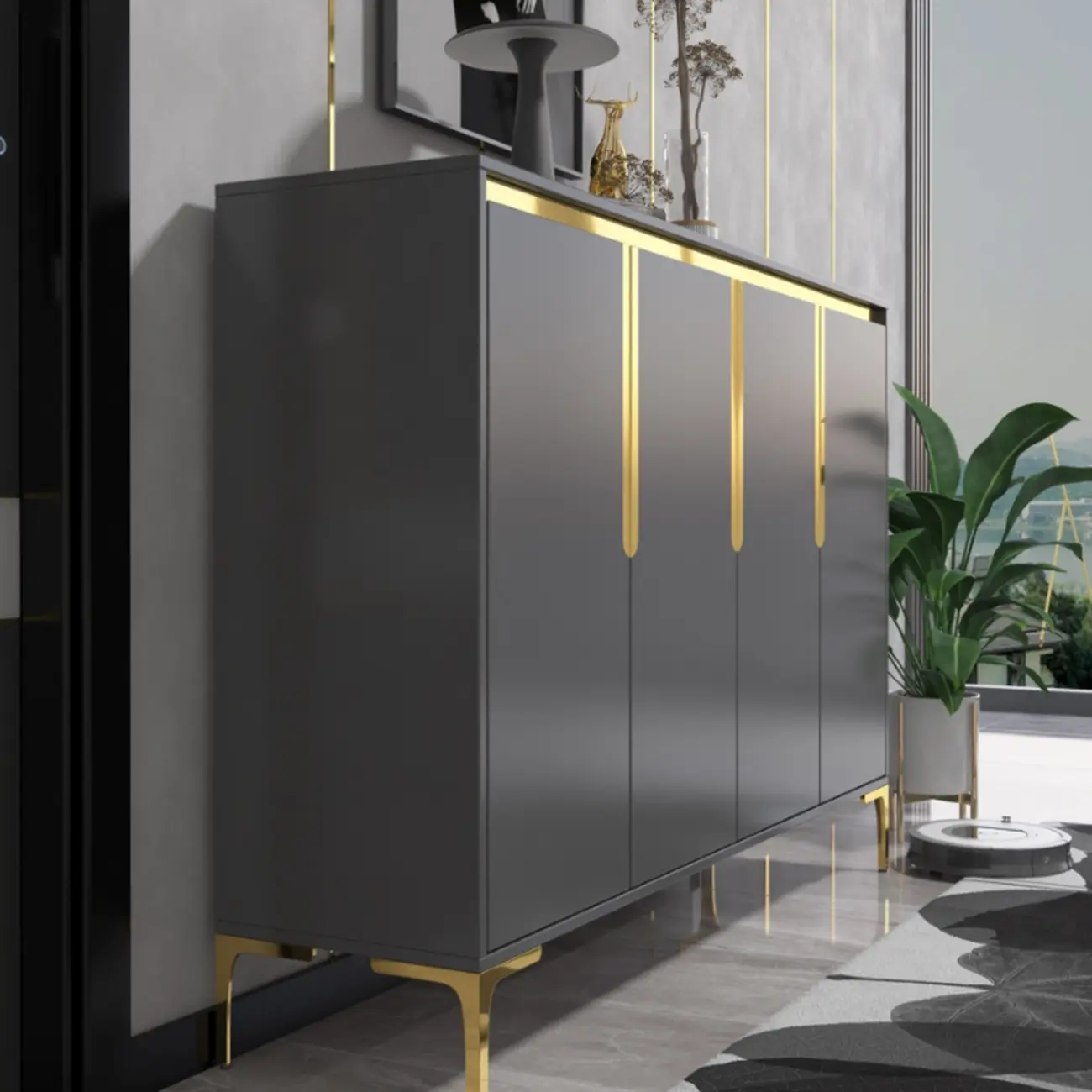 Entryway Wood Large Shoe Cabinet with Gold Accents Image - 8 | homeyfad