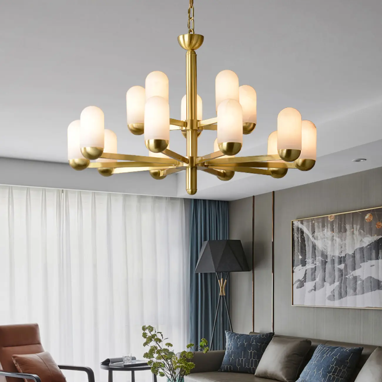 Gold Cylinder Metal Modern Linear Branching Chandelier Image - 1 | homeyfad