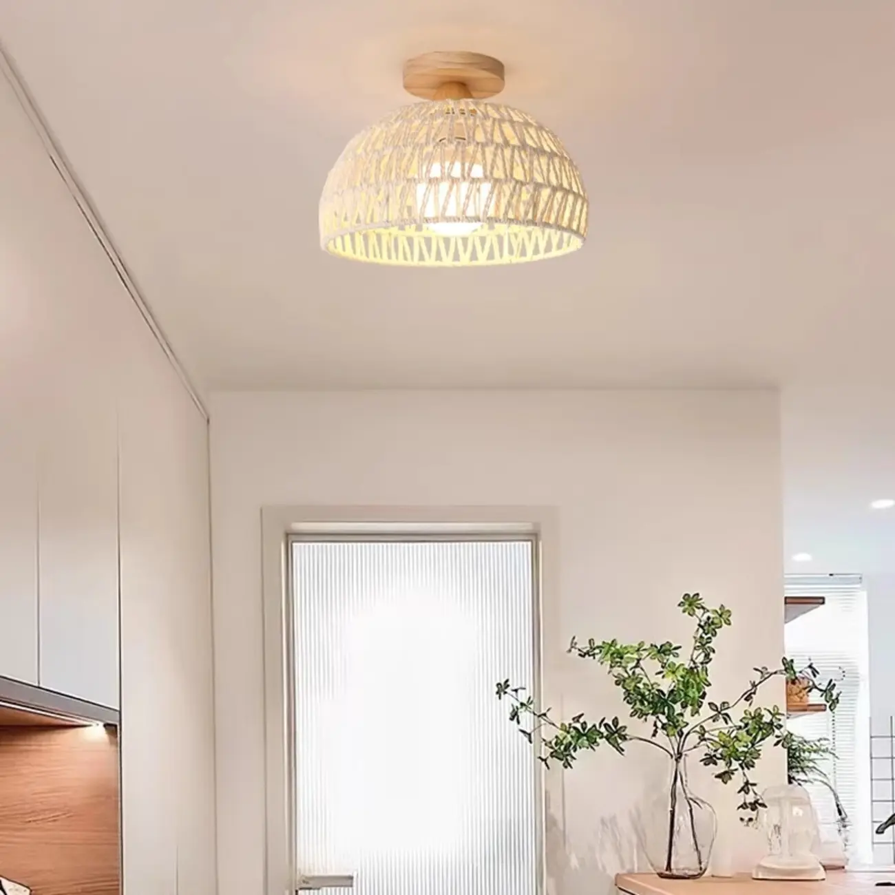 Oriental White Semi-Flush Ceiling Light with Natural Finish | homeyfad