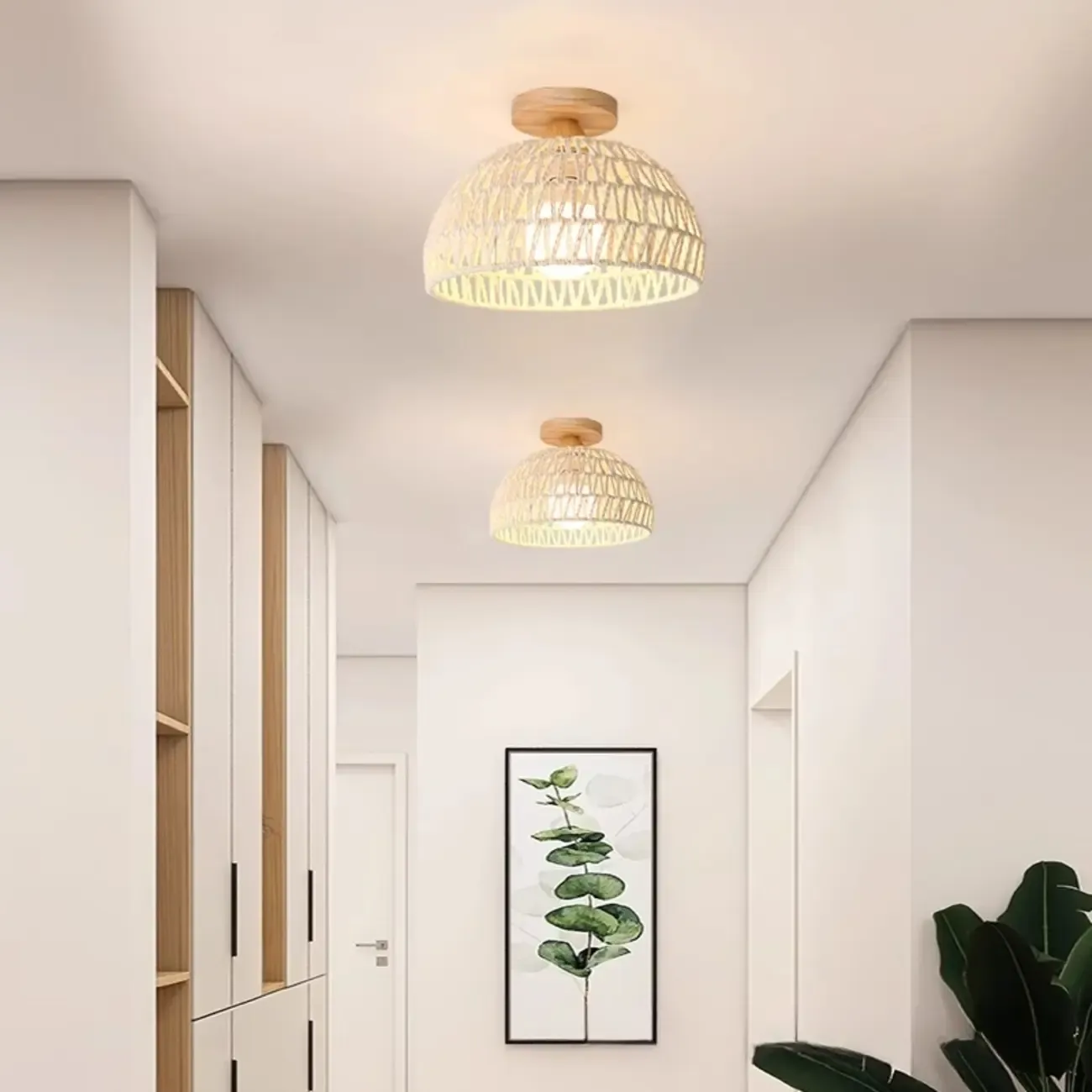 Oriental White Semi-Flush Ceiling Light with Natural Finish