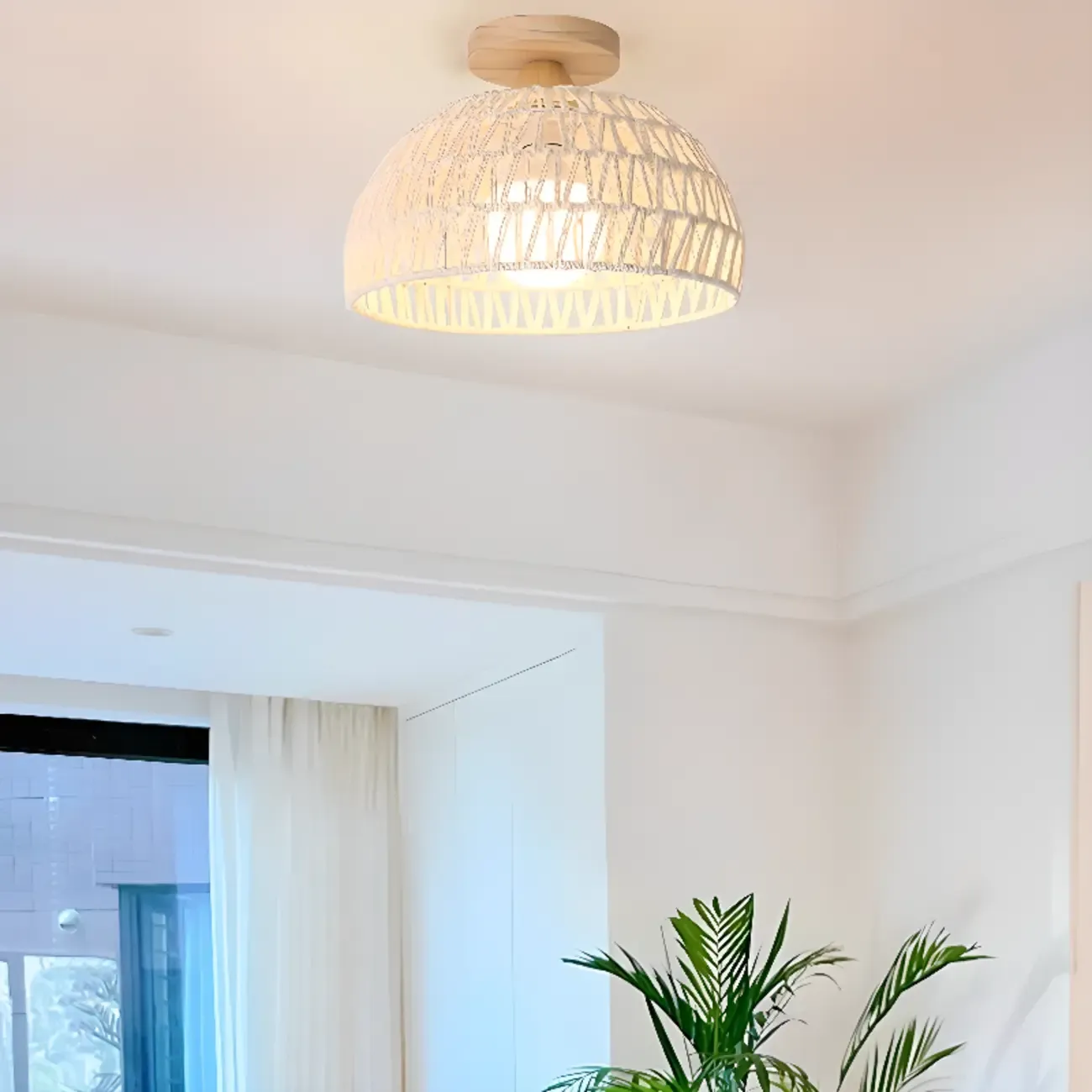 Oriental White Semi-Flush Ceiling Light with Natural Finish