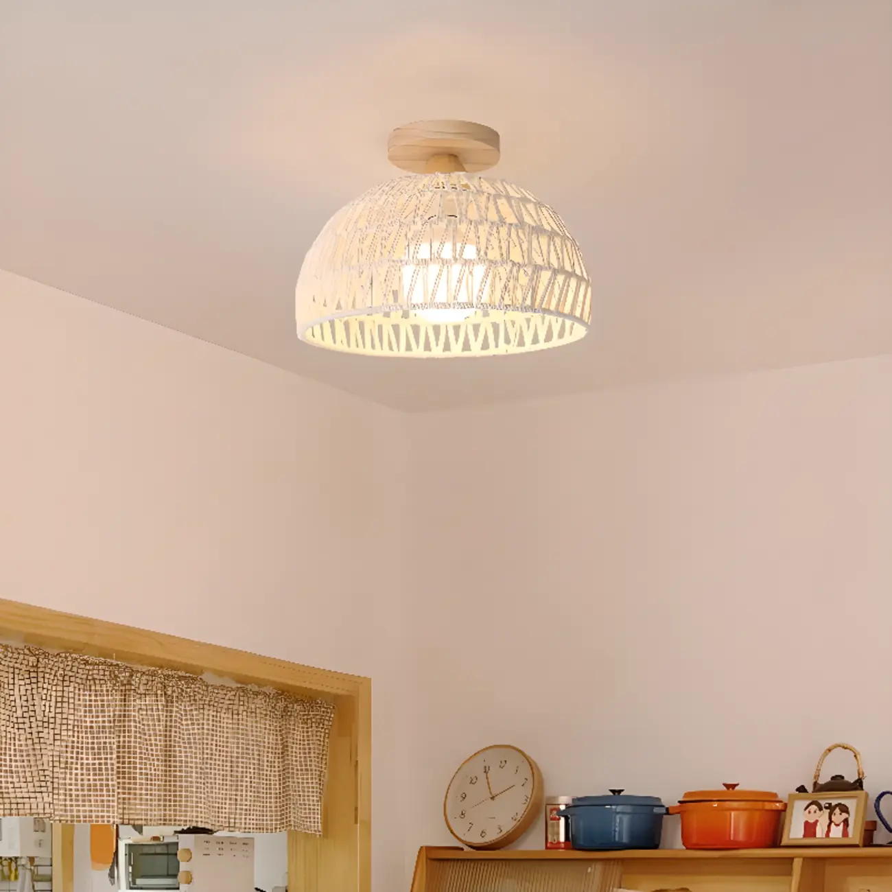 Oriental White Semi-Flush Ceiling Light with Natural Finish | homeyfad