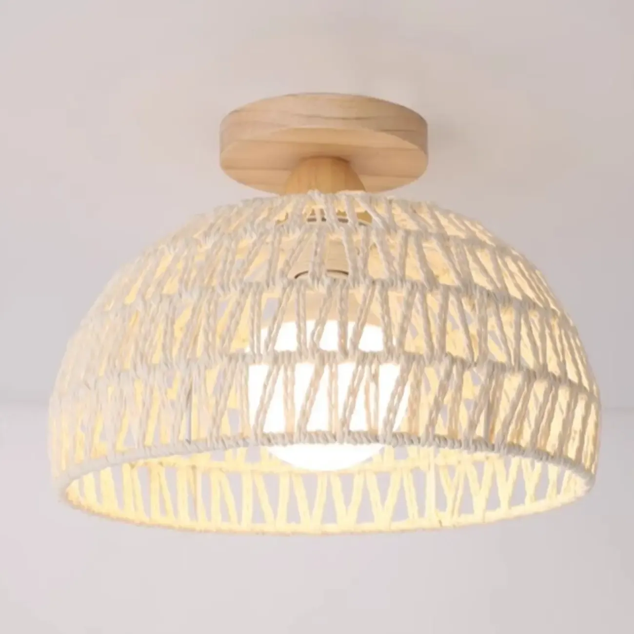 Oriental White Semi-Flush Ceiling Light with Natural Finish