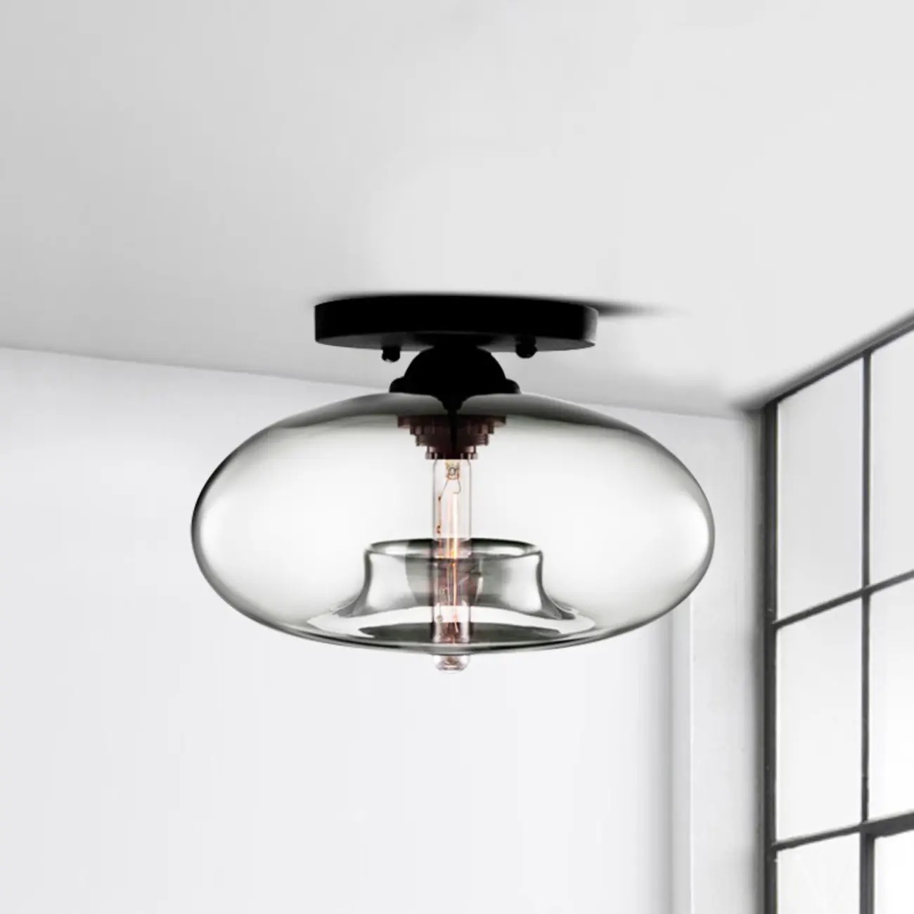 Clear Glass Drum Shade Industrial Semi Flush Mount Light - HomeyFad, image size:1300x1300